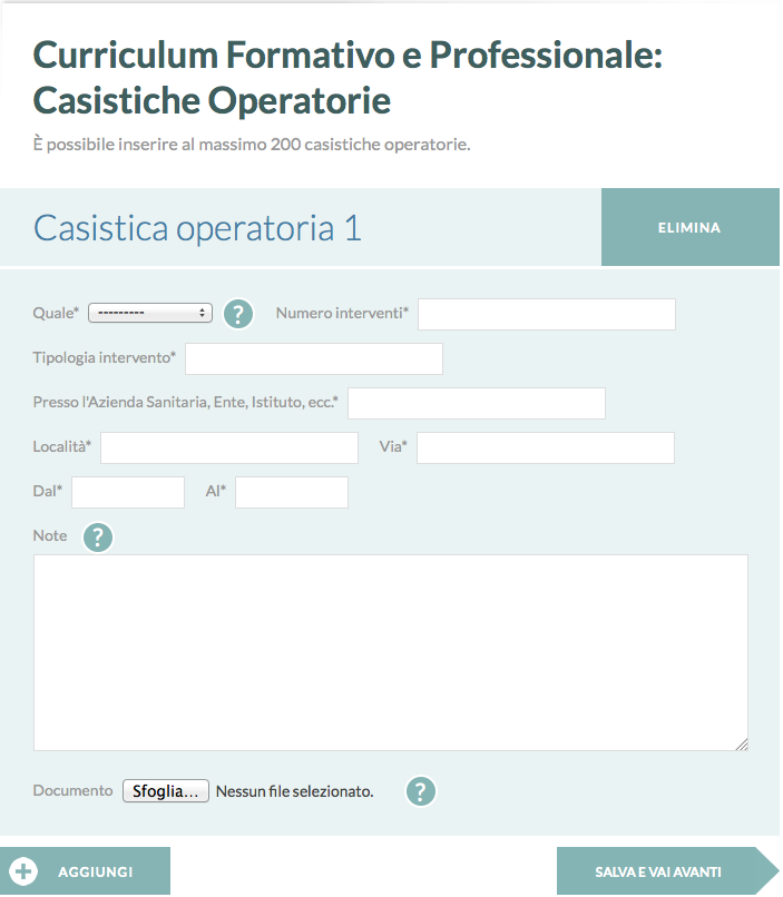 Modulo per l'inserimento delle casistiche operatorie