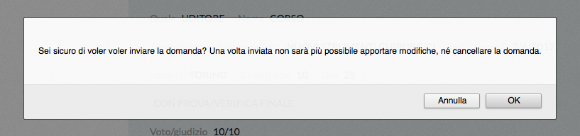 Richiesta di conferma per l'invio della domanda