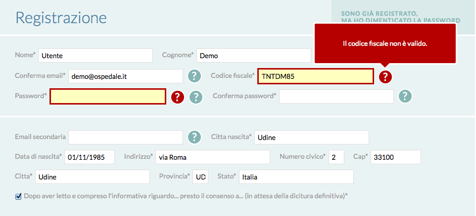 Errori nella compilazione del modulo di registrazione