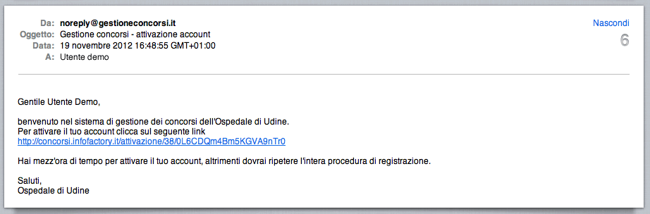 Mail per l'attivazione dell'account