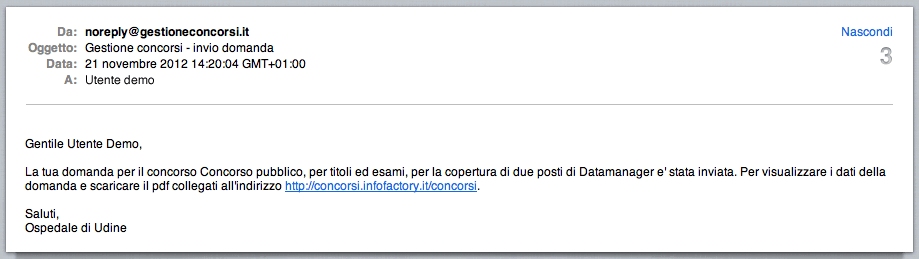 Mail di conferma per l'invio di una domanda