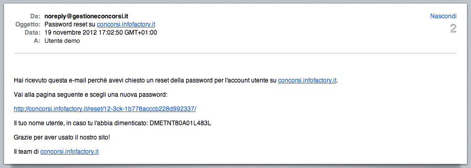 Email con le istruzioni per resettare la password