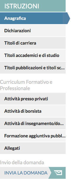 Menu per la navigazione fra le sezioni di una domanda