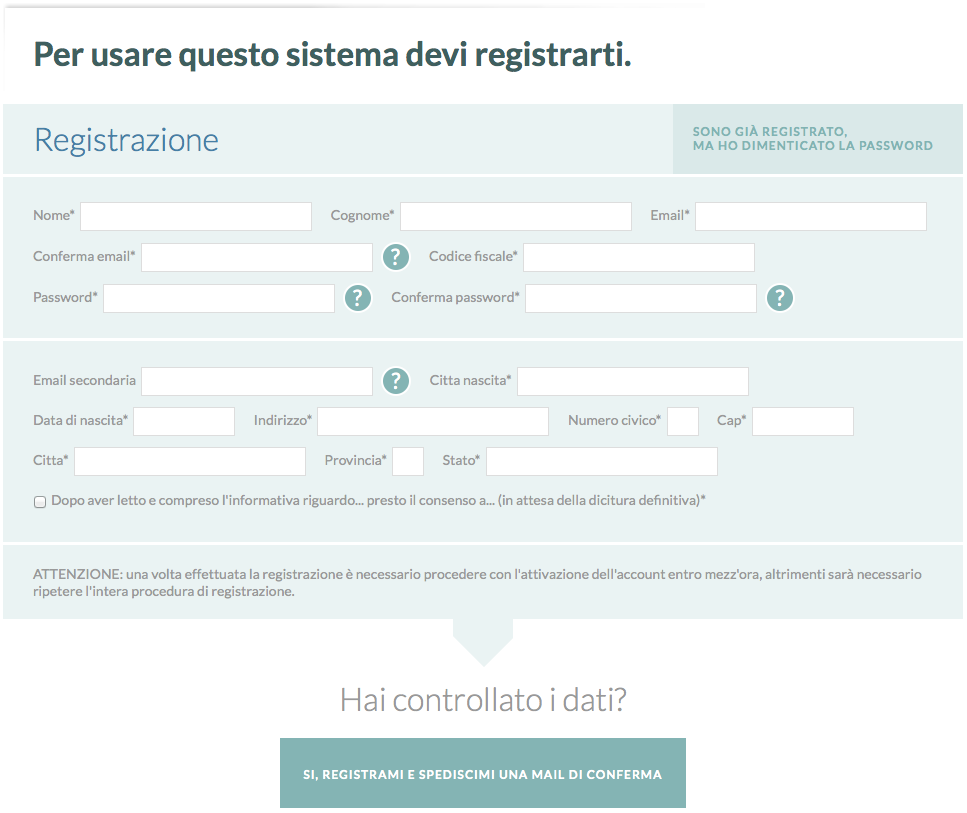 Modulo per la registrazione